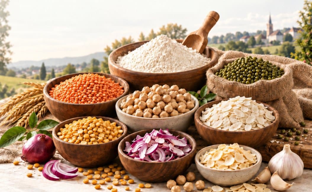 Bowls of lentils, chickpeas, flour and dried onion in a European countryside setting