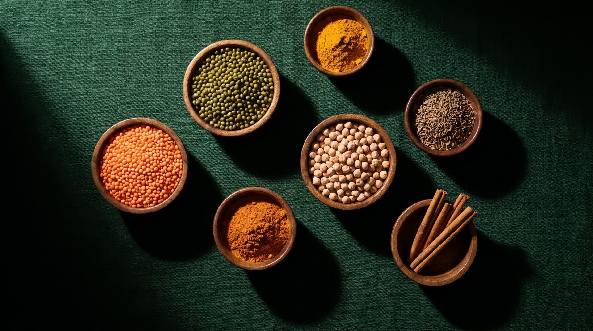 Bowls of lentils, chickpeas and spices on a deep green cloth
