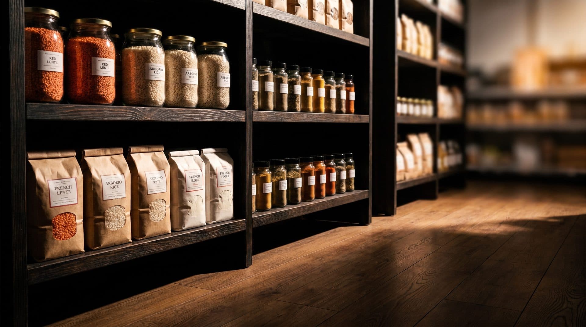 Retail shelves stocked with pantry staples