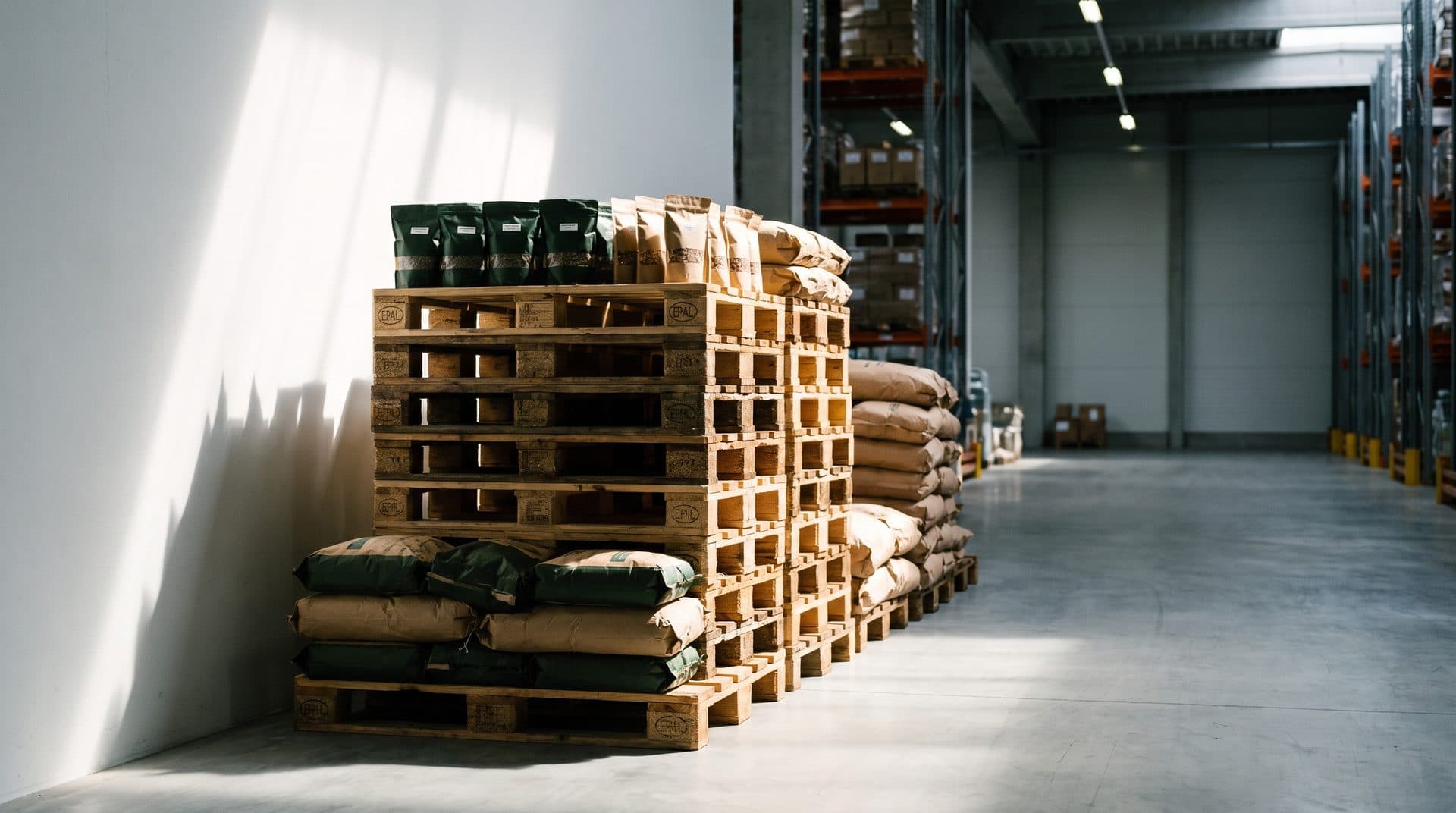 Pallets of sealed pouches in a clean distribution warehouse